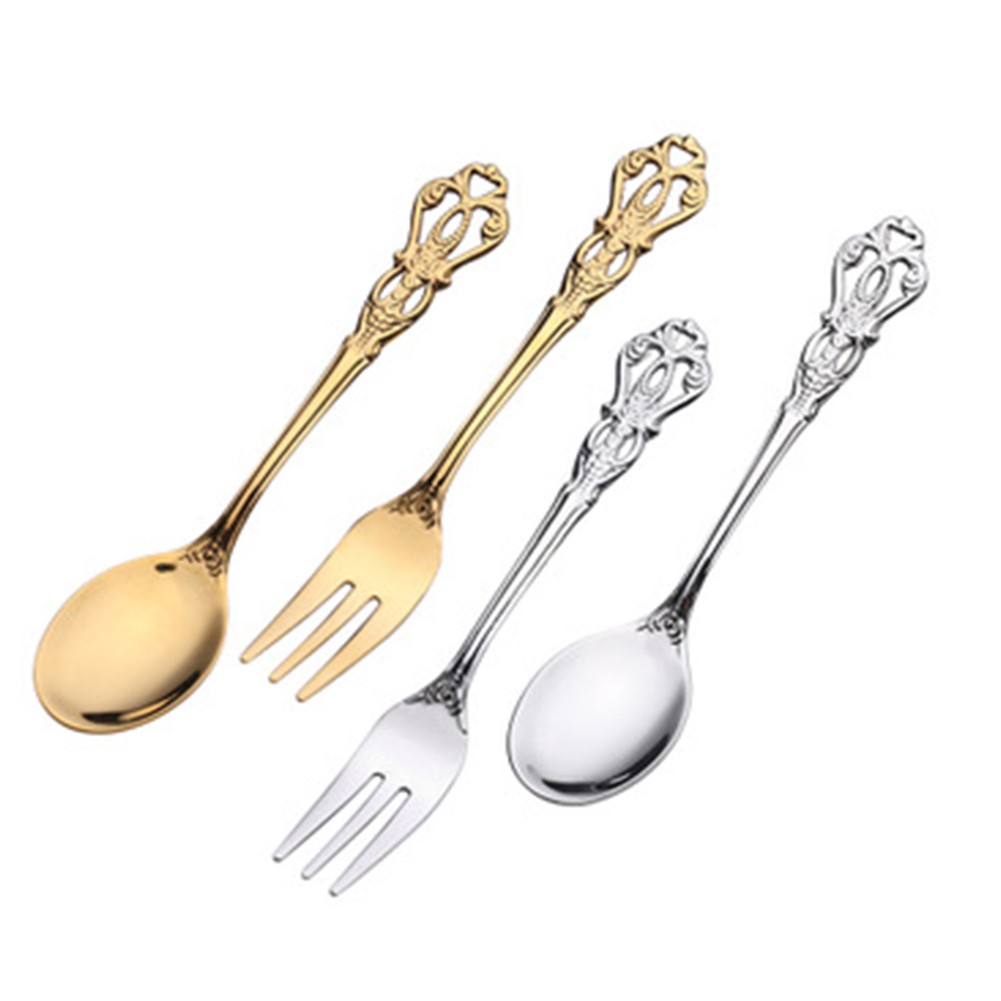 Gold Cutlery Flatware - 1쌍 빈티지 골드 스푼 포크 수저